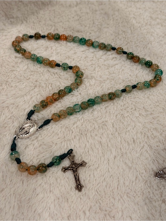 Jewelry - handcrafted Catholic rosary green & brown Indian agate beads, Miraculous Medal